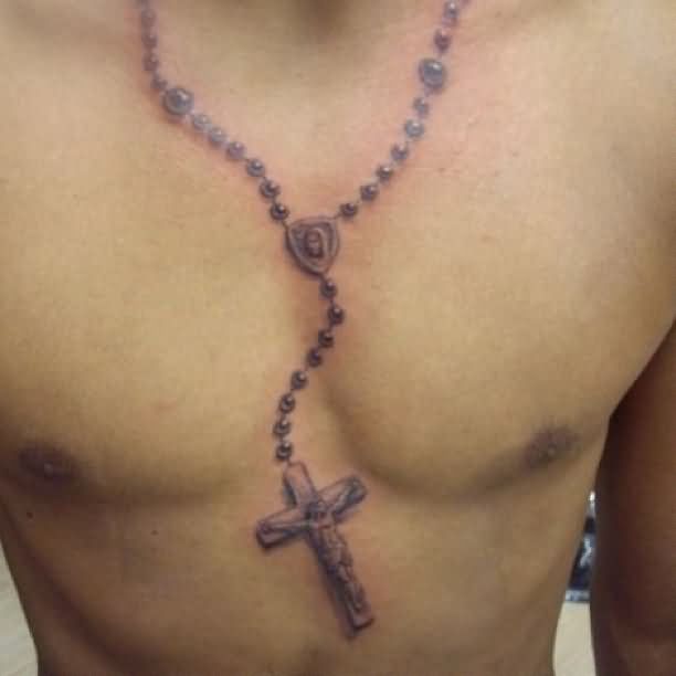 Nice Grey Holy Rosary Tattoo On Man Chest