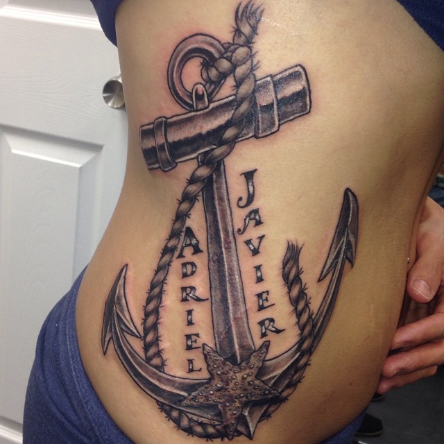Nice Grey Ink Sailor Anchor And Rope Tattoo On Side Rib