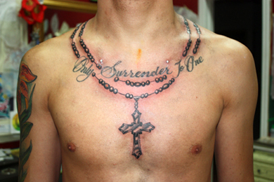 Nice Grey Rosary Tattoo Around Neck For Men