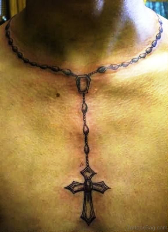 Nice Grey Rosary Tattoo Around Neck