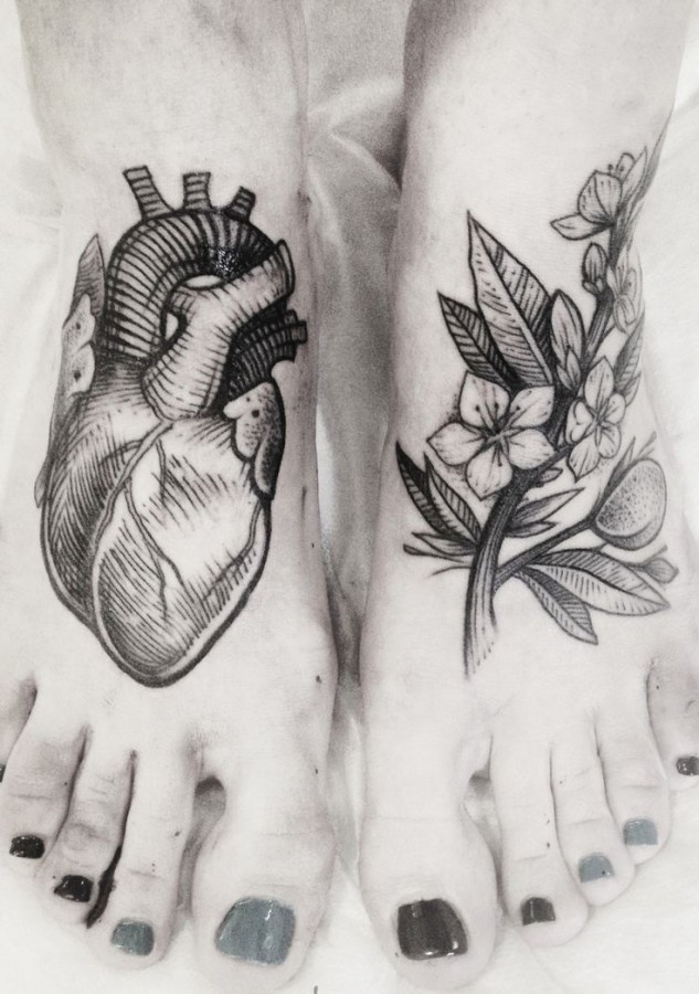 Nice Heart And Flowers Black And White Feet Tattoo