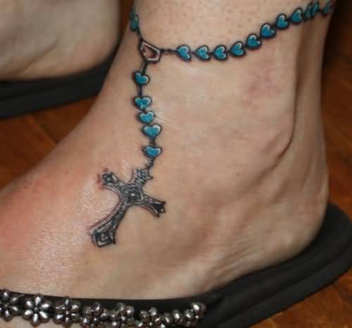 Nice Hearts Cross Bracelet Tattoo On Ankle