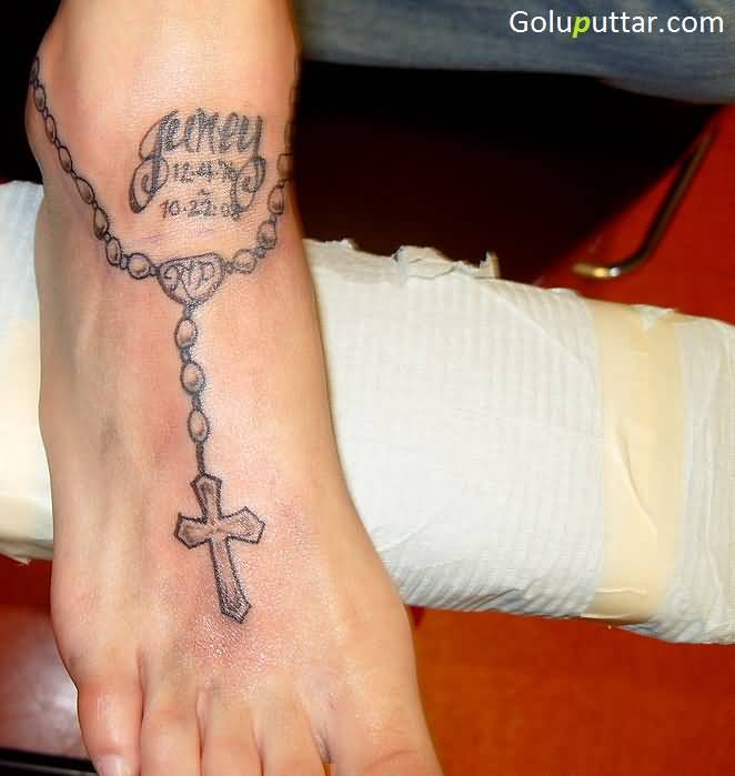 Nice Holy Rosary Bracelet Tattoo On Foot