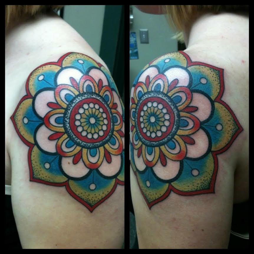 Nice Mandala Color Flower Tattoo On Shoulder
