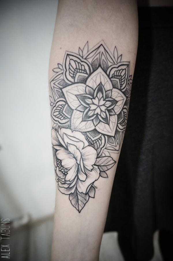 Nice Mandala Flower Tattoo On Lower Sleeve