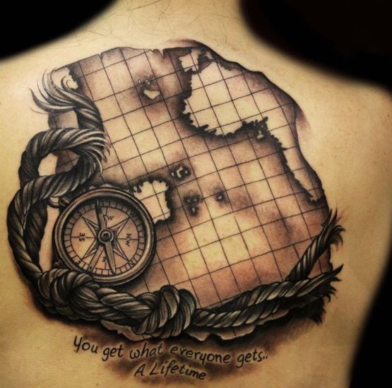 Nice Map With Compass And Knot Rope Tattoo
