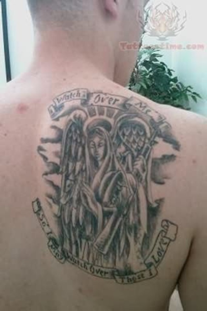 Nice Memorial Angel Tattoo On Man Back Shoulder