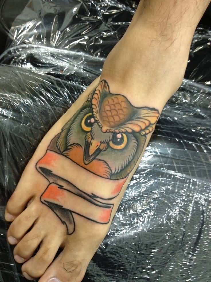 Nice Owl Banner Tattoo On Foot