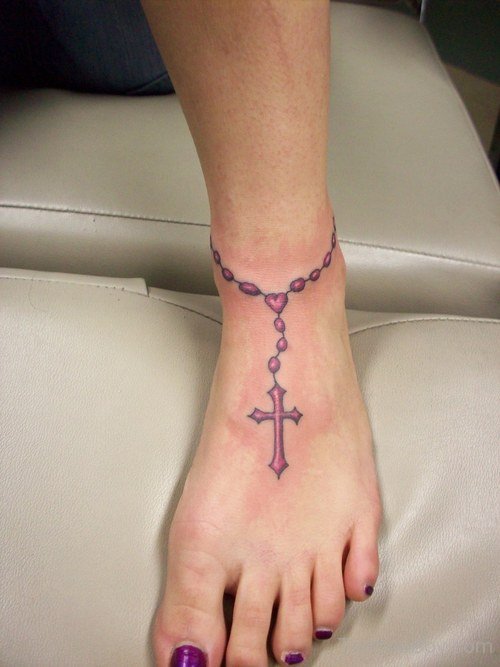 Nice Pink Rosary Heart Tattoo On Foot For Women
