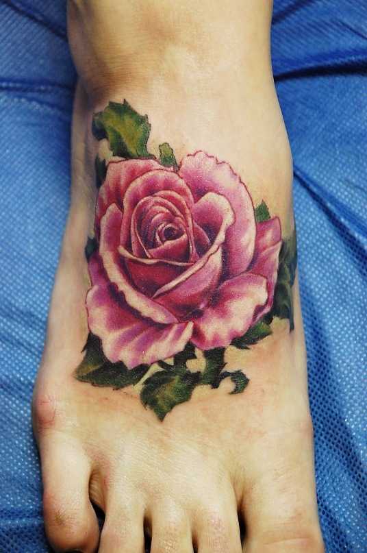 Nice Pink Rose Right Foot Tattoo