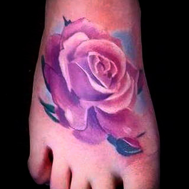 Nice Pink Rose Tattoo On Foot