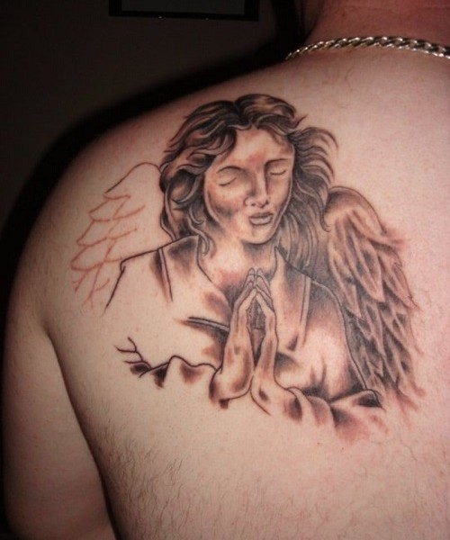 Nice Praying Angel Tattoo On Man Back Shoulder