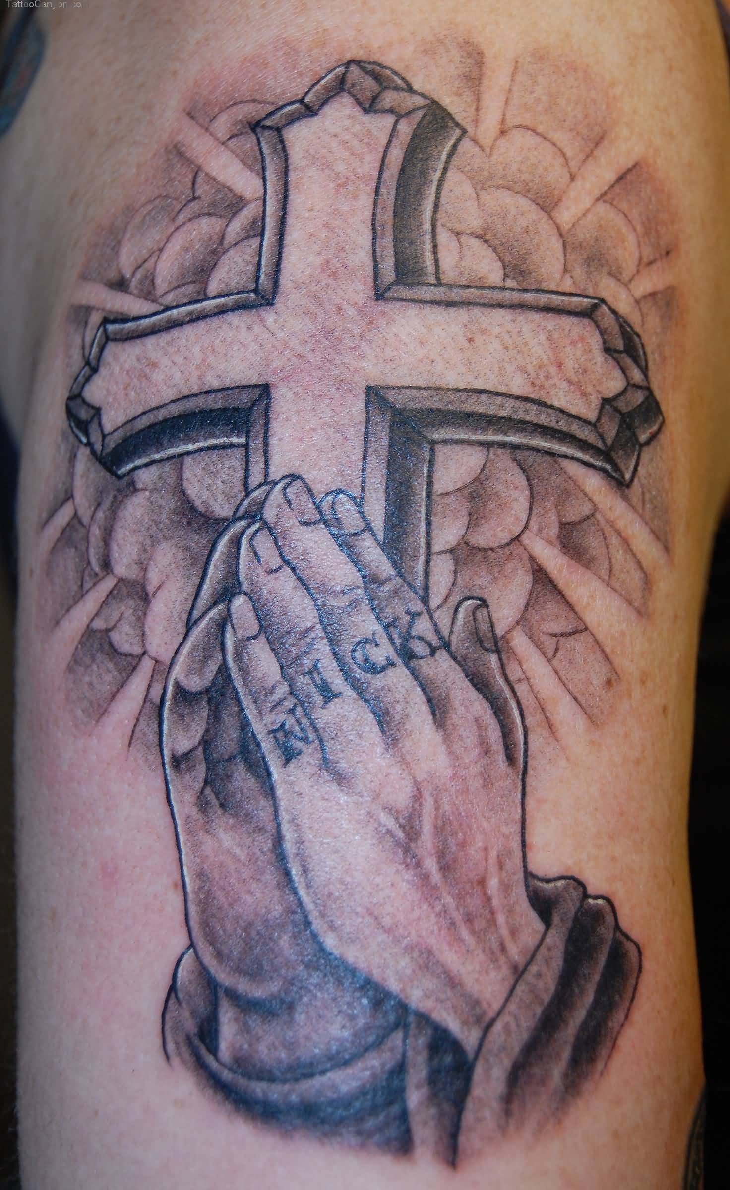Nice Praying Christian Tattoo On Half Sleeve
