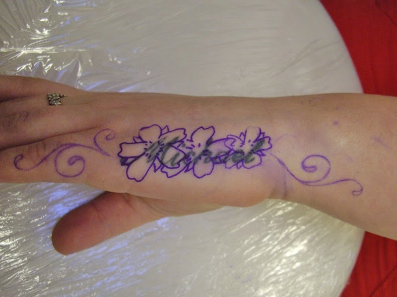 Nice Purple Flowers Tattoo On Side Hand