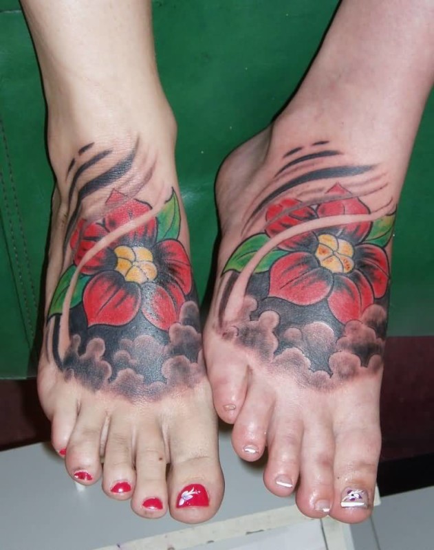 Nice Red Flower Matching Tattoos