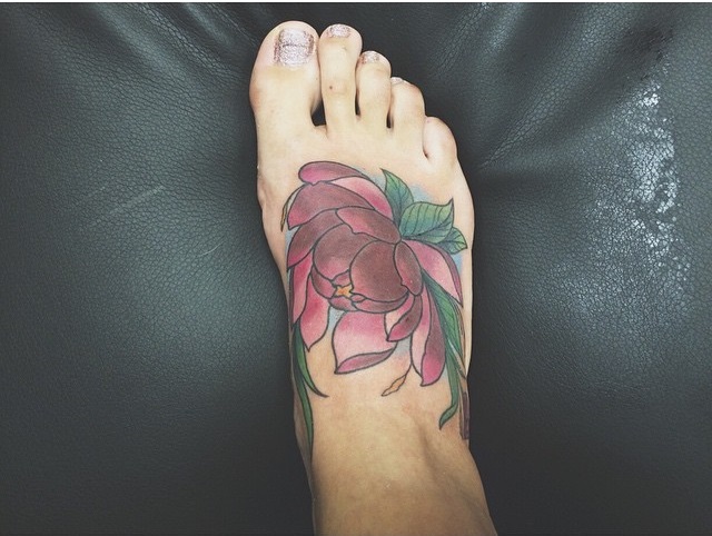 Nice Red Flower Tattoo On Foot
