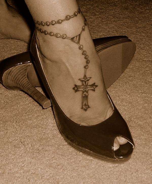 Nice Rosary Beads Cross Bracelet Tattoo On Ankle For Girls