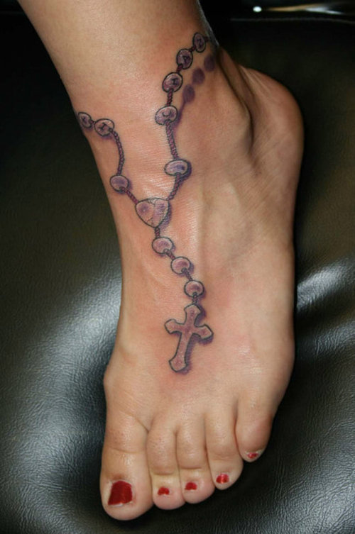 Nice Rosary Beads Tattoo On Foot For Girls