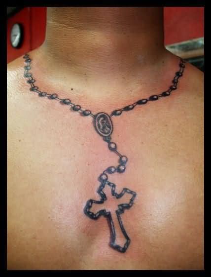 Nice Rosary Tattoo Around Neck