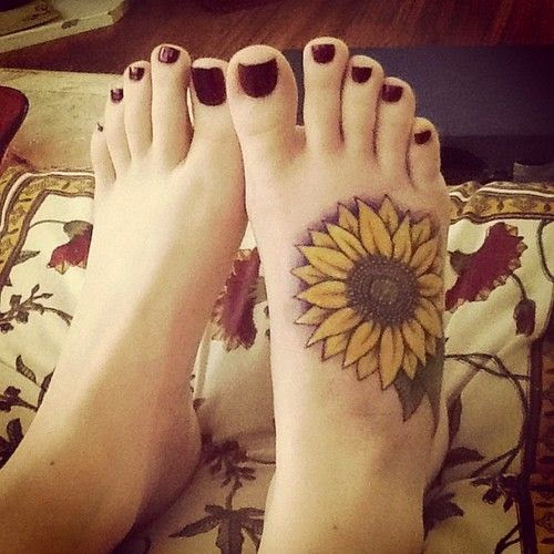 Nice Sunflower Right Foot Tattoo For Girls