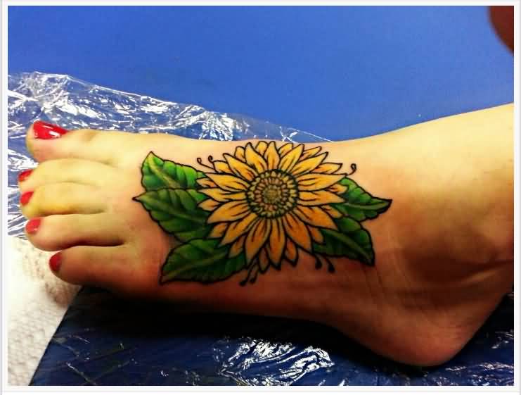 Nice Sunflower Tattoo On Foot For Girls
