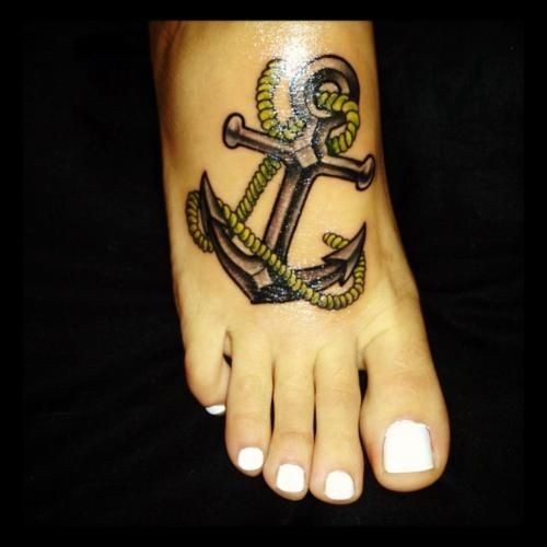Nice Traditional Anchor Right Foot Tattoo
