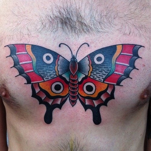 Nice Traditional Butterfly Tattoo On Chest For Men