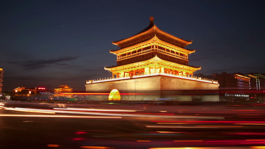 Night View Of Bell Tower Of Forbidden City And Street