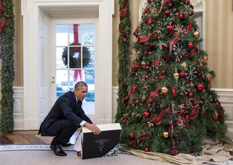 Obama With Christmas Tree Inside The White House