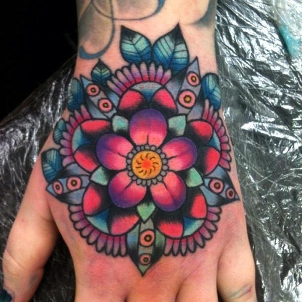 Old School Color Ink Mandala Flower Tattoo On Hand