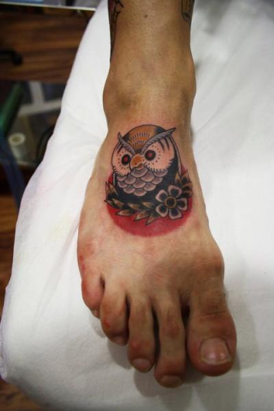 Old School Color Owl Foot Tattoo