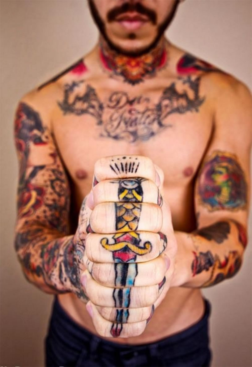 Old School Dagger Tattoo On Both Hands Knuckle For Men