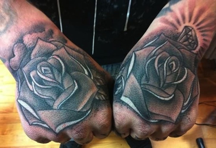 Old School Roses With Diamond And Heart Tattoos On Both Hands For Men