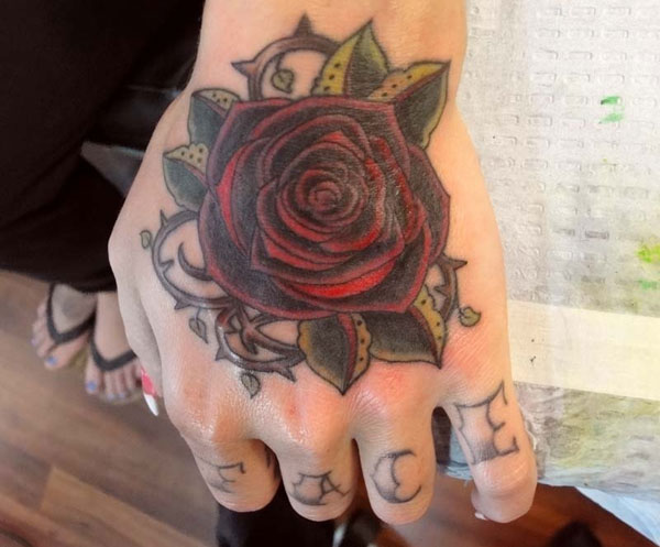 Old School Thorny Rose Tattoo On Hand