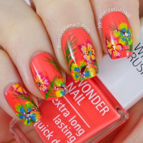 Orange Base Nails And Spring Flowers Nail Art