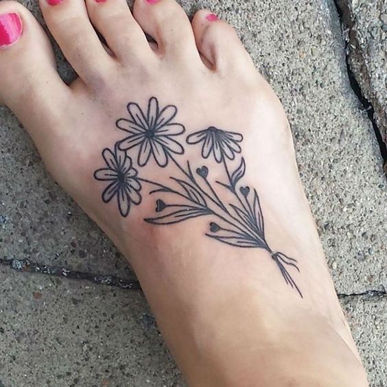 Outline Daisy Flower Tattoo On Girl Right Foot