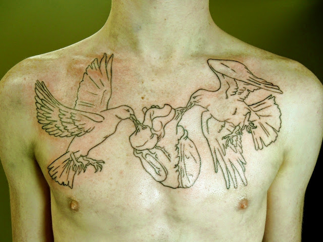 Outline Heart And Flying Dove Tattoos On Chest