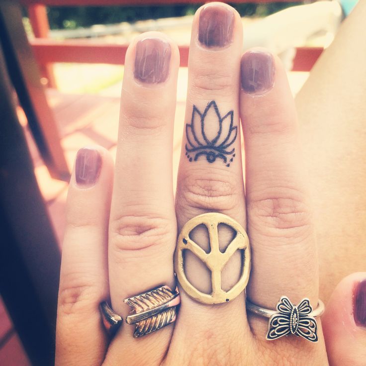 Outline Lotus Flower Tattoo On Girl Middle Finger