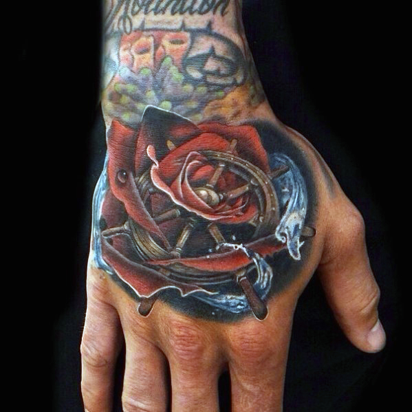 Outstanding 3D Drowning Rose Tattoo On Man Hand