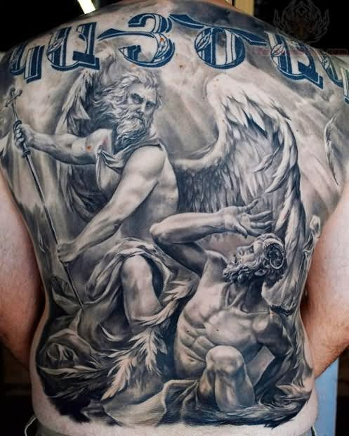Outstanding 3D Guardian Angel Fighting Tattoo On Full Back