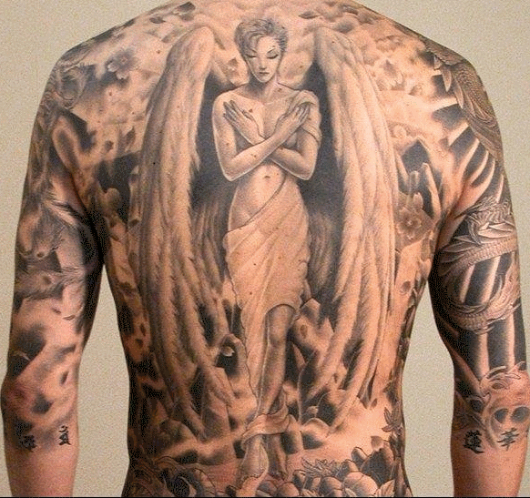 Outstanding Angel Tattoo On Back And Sleeves