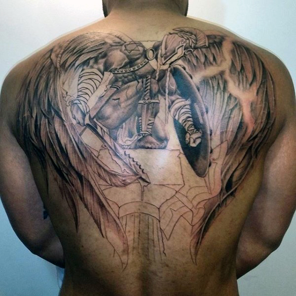 Outstanding Warrior Angel Tattoo On Back In Progress