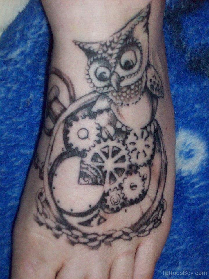 Owl And Clock Gears Tattoo On Foot
