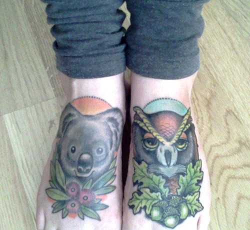 Owl And Koala Tattoos On Both Feet By Annie Frenzel