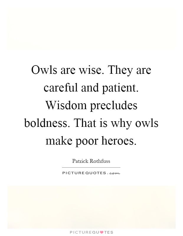 Owls are wise. They are careful and patient. Wisdom precludes boldness. That is why owls make poor heroes. Patrick Rothfuss