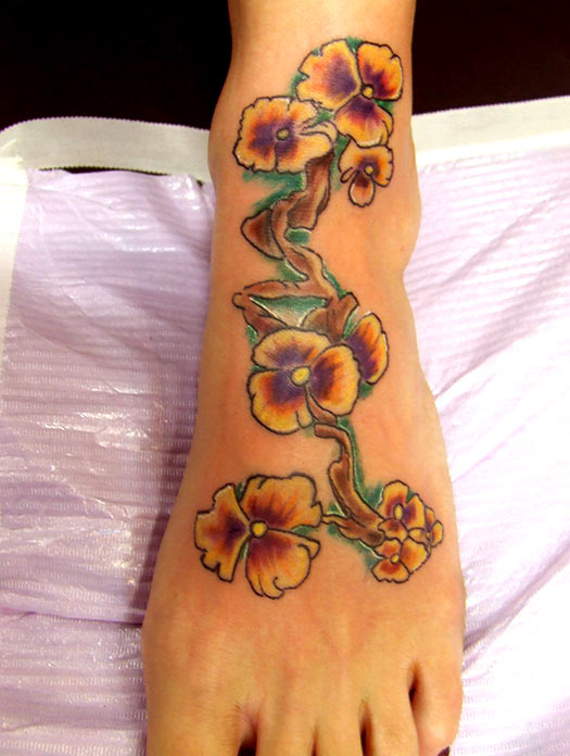 Pansy Flowers Tattoo On Foot