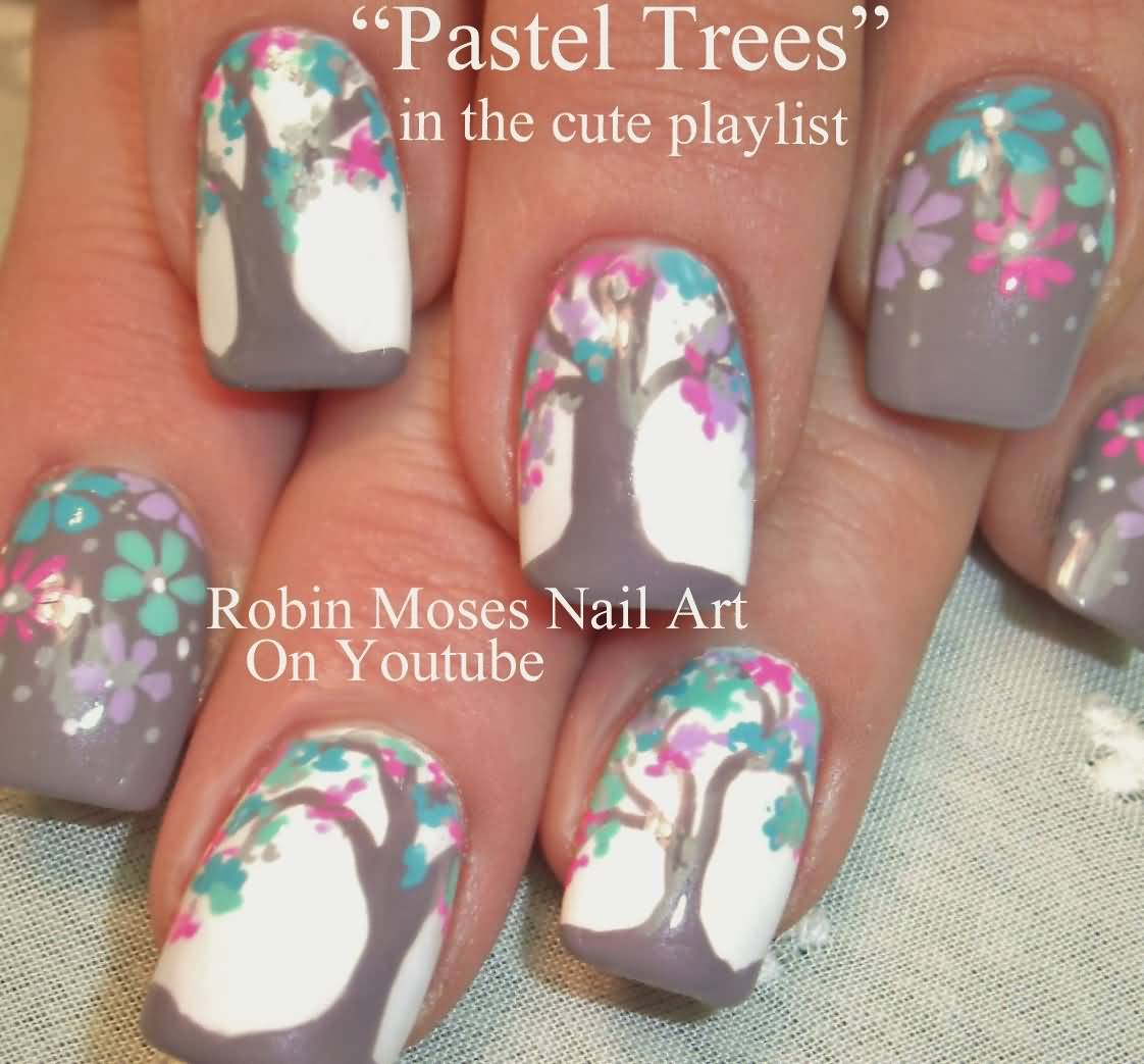 Pastel Spring Trees Nail Art
