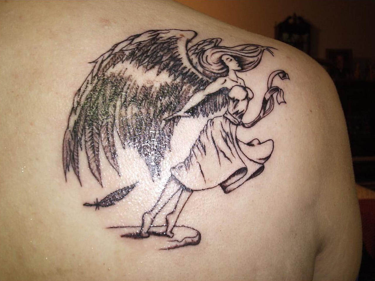 Peaceful Angel Girl Tattoo On Man Back Shoulder
