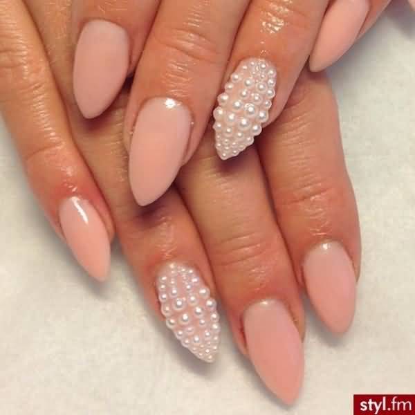 Peach Nails With Accent Pearls Design Nail Art