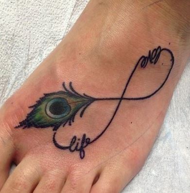 Peacock Feather Love Life Infinity Tattoo On Foot